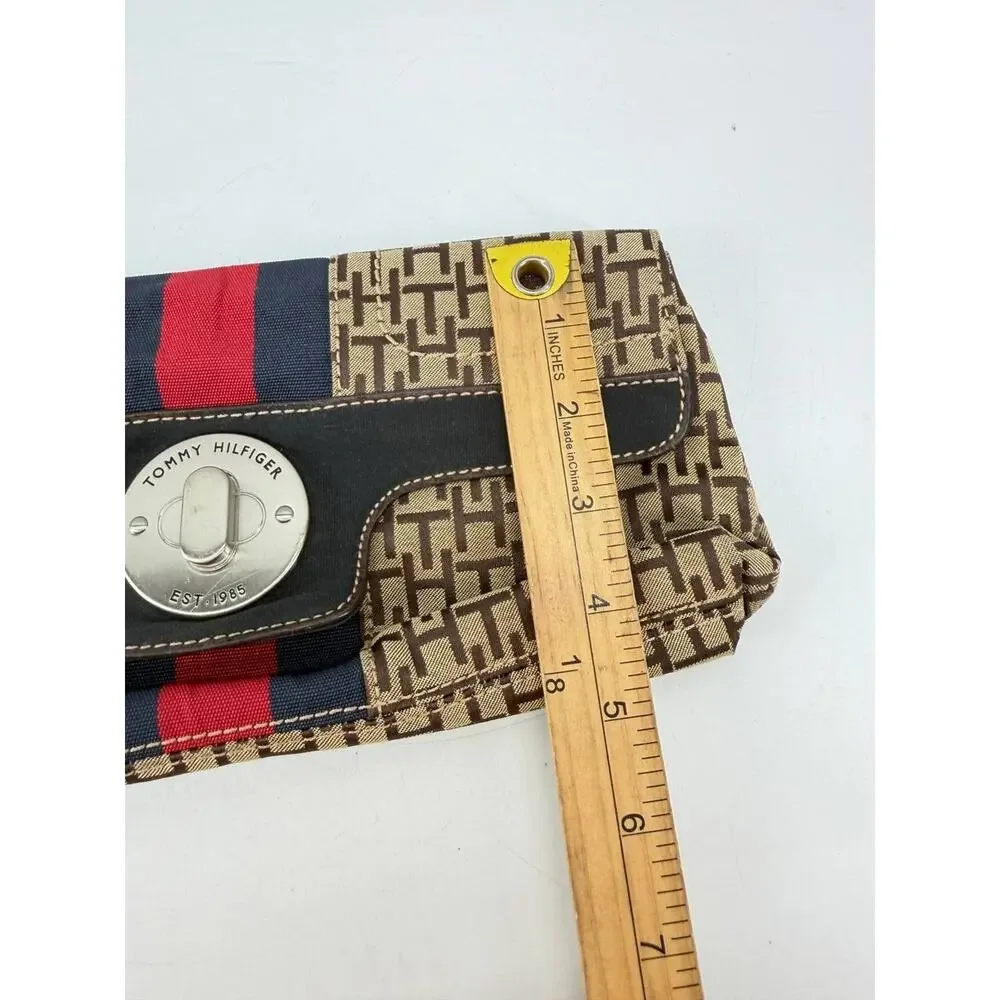Tommy Hilfiger Monogram Wristlet Clutch Wallet Brown Canvas Red Blue Stripe